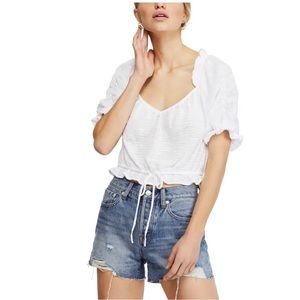 Free People White Dorothy Puff Sleeve Crop Top